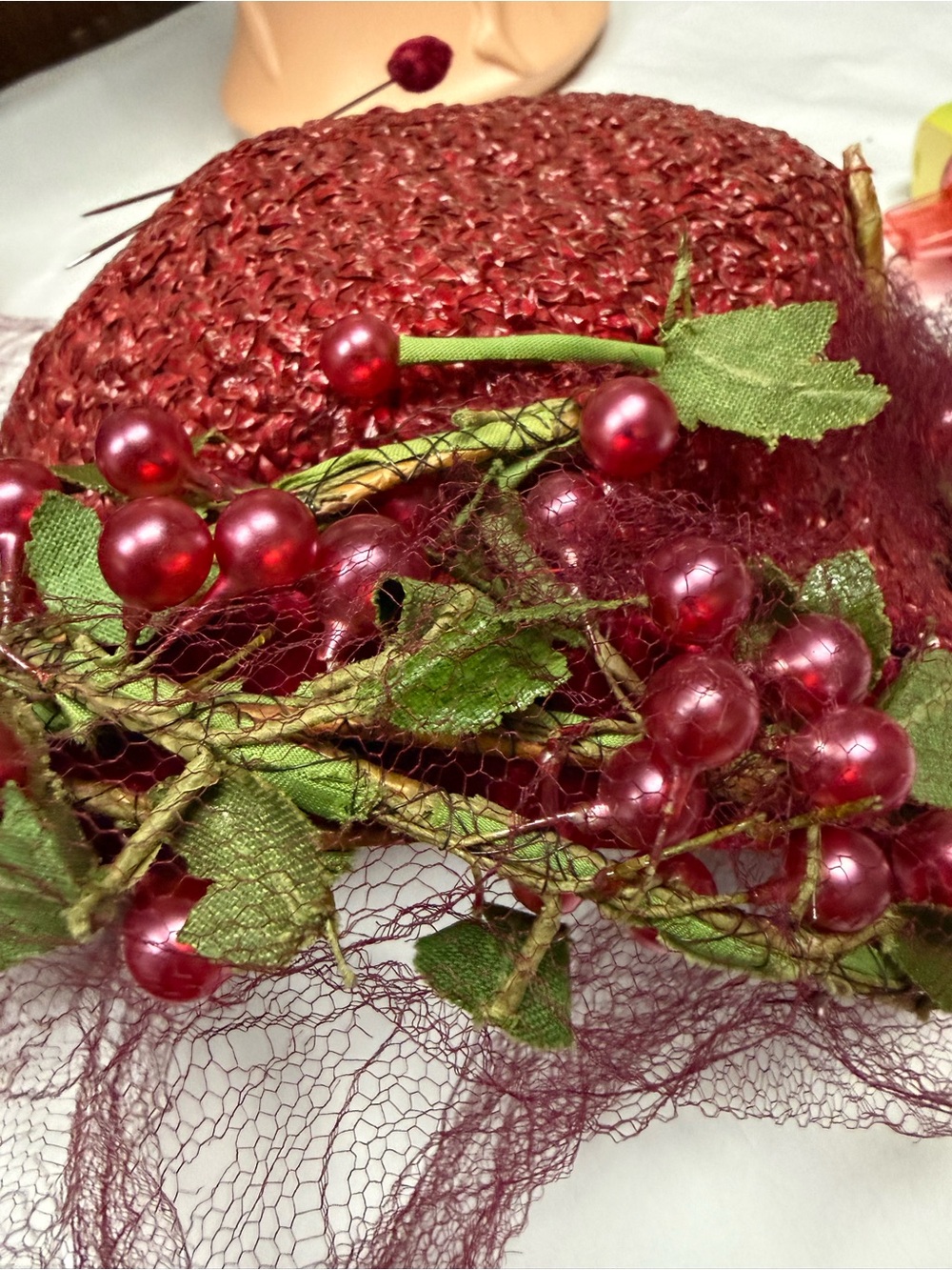 Vintage Eraine Wendling Berry Cocktail Hat with Veil and Bead Trim - Picture 6 of 8